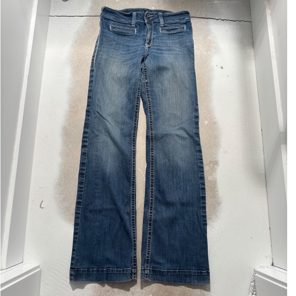 Ariat Real Trouser Jeans Womens 31XL Blue Denim Mid Rise Wide Leg Distressed